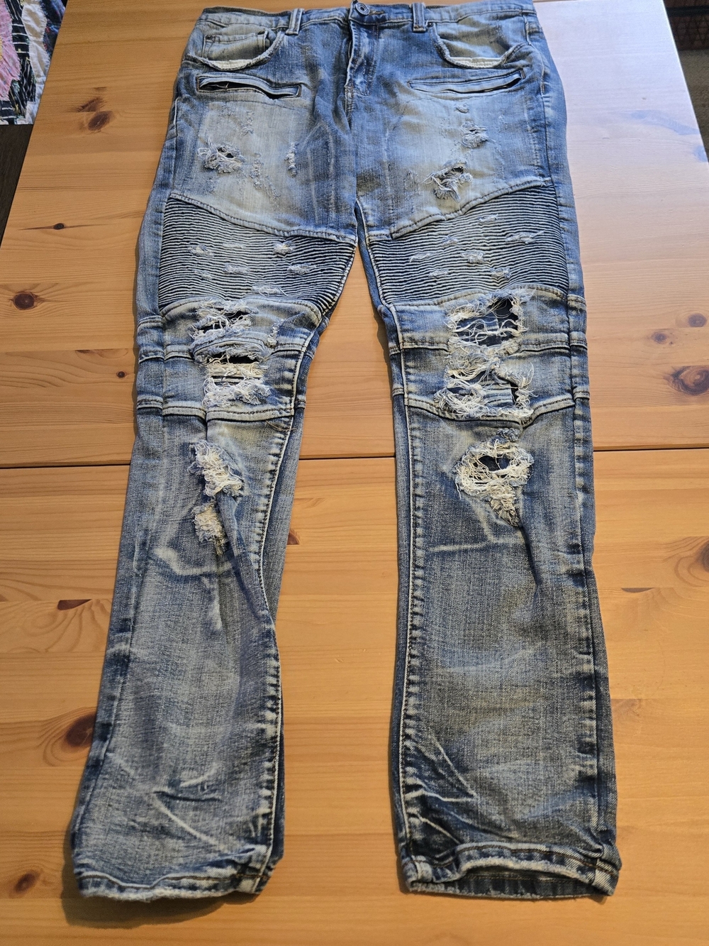 Decibel Mens Moto Biker Distressed Slim Skinny Blue Wash 34x33 (Measures 32)